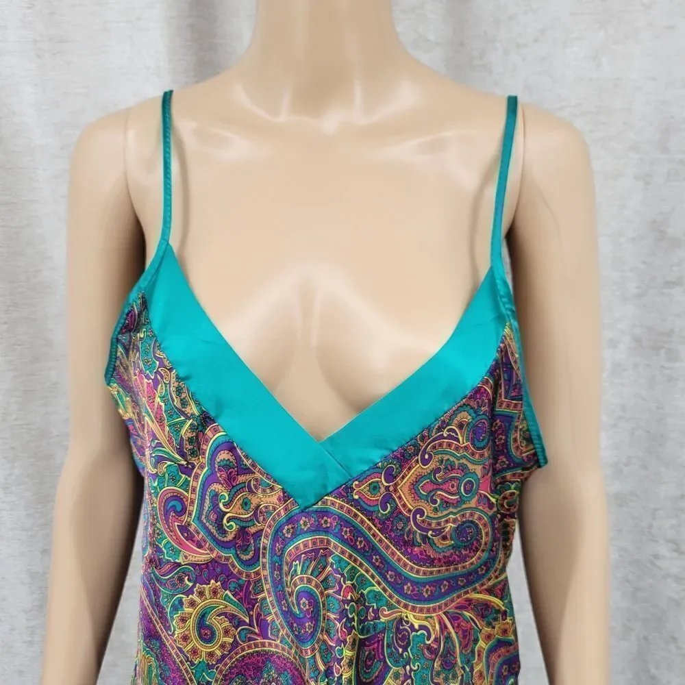 Feather Bed Vintage 90s Vibrant Paisley Satin Slip Dress and Robe Purple Teal